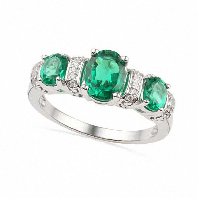 Image of ID 1 Oval Lab-Created Emerald and Diamond Accent Ring in Sterling Silver