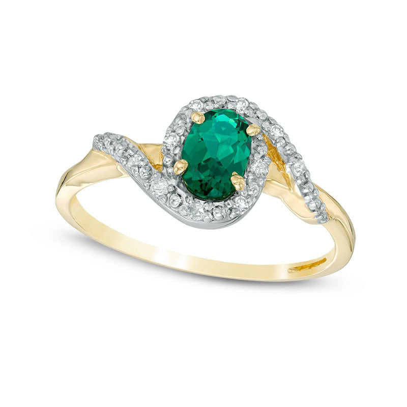 Image of ID 1 Oval Lab-Created Emerald and Diamond Accent Swirl Frame Ring in Solid 10K Yellow Gold