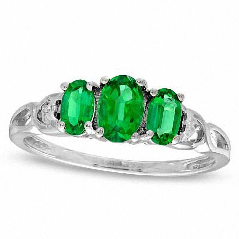 Image of ID 1 Oval Lab-Created Emerald and Diamond Accent Three Stone Ring in Solid 10K White Gold