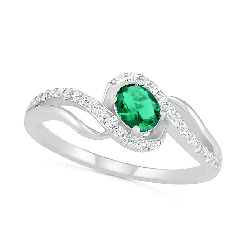 Image of ID 1 Oval Lab-Created Emerald and White Sapphire Bypass Frame Rolling Wave Ring in Sterling Silver