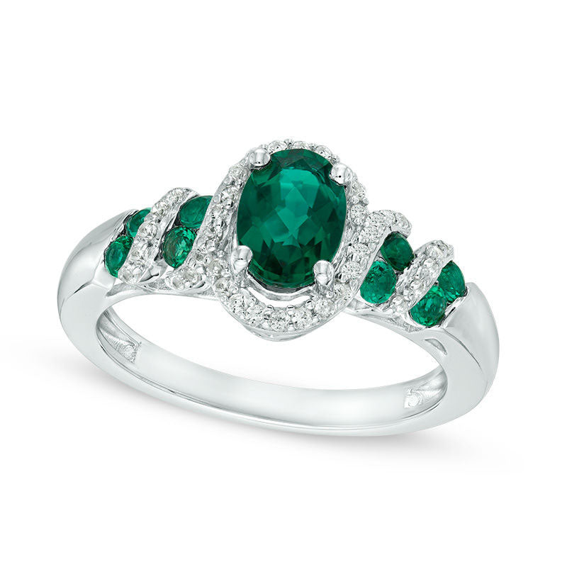Image of ID 1 Oval Lab-Created Emerald and White Sapphire Cascading Frame Ring in Sterling Silver