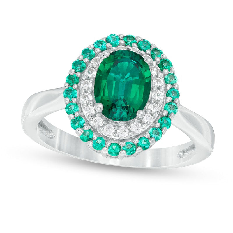 Image of ID 1 Oval Lab-Created Emerald and White Sapphire Double Frame Ring in Sterling Silver