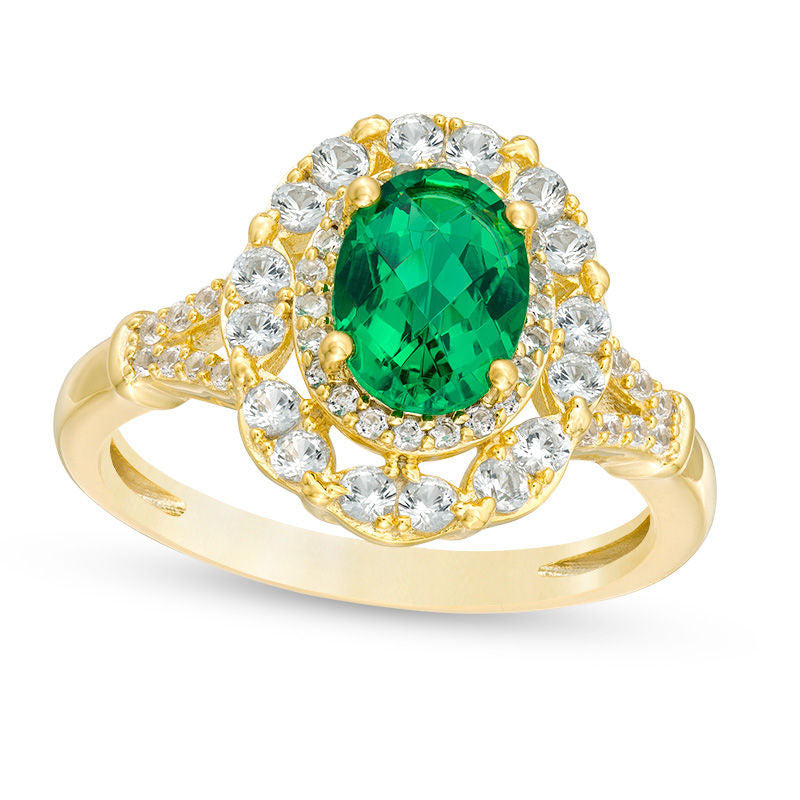 Image of ID 1 Oval Lab-Created Emerald and White Sapphire Double Frame Ring in Sterling Silver with Solid 14K Gold Plate