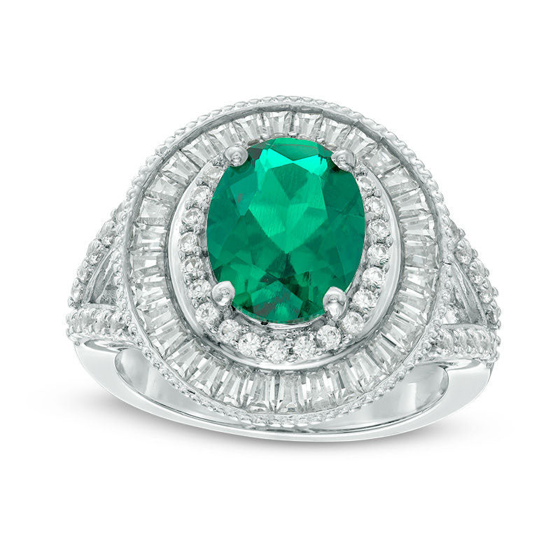 Image of ID 1 Oval Lab-Created Emerald and White Sapphire Double Frame Split Shank Ring in Sterling Silver
