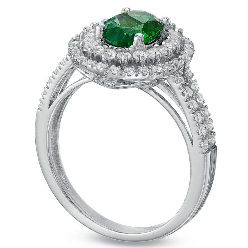 Image of ID 1 Oval Lab-Created Emerald and White Sapphire Frame Ring in Sterling Silver