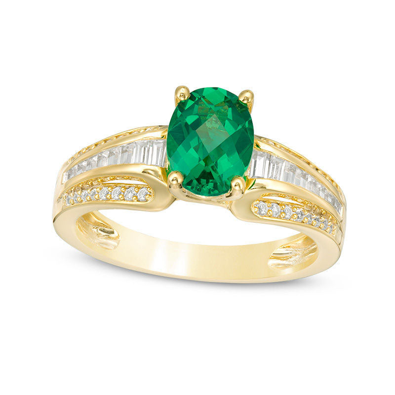 Image of ID 1 Oval Lab-Created Emerald and White Sapphire Multi-Row Ring in Sterling Silver with Solid 14K Gold Plate