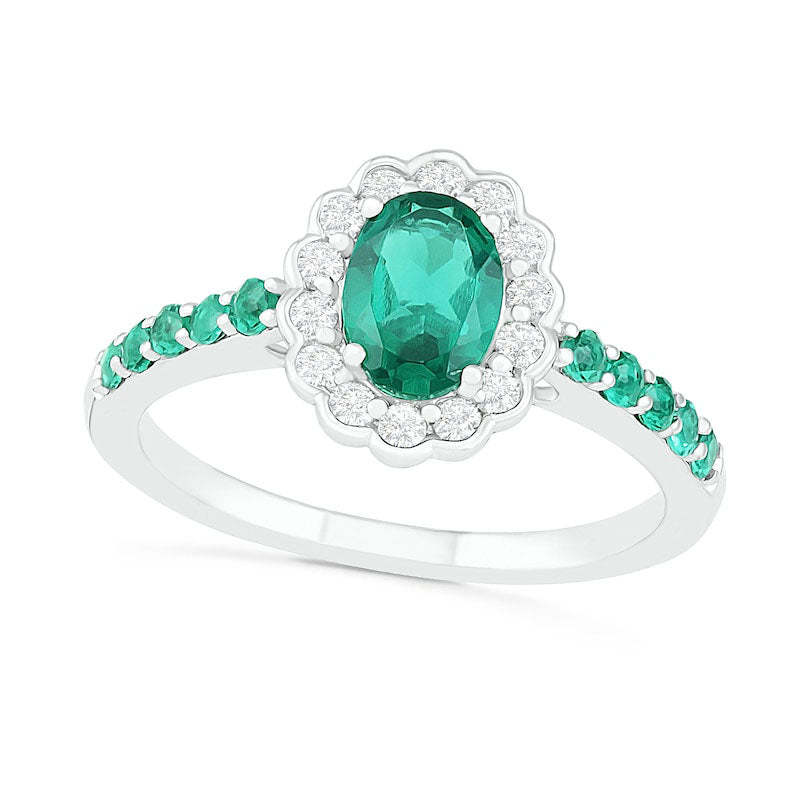 Image of ID 1 Oval Lab-Created Emerald and White Sapphire Scallop Frame Ring in Sterling Silver