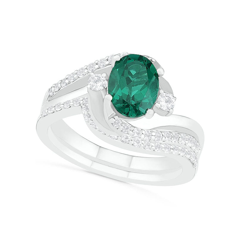 Image of ID 1 Oval Lab-Created Emerald and White Sapphire Side Accent Double Bypass Split Shank Bridal Engagement Ring Set in Sterling Silver