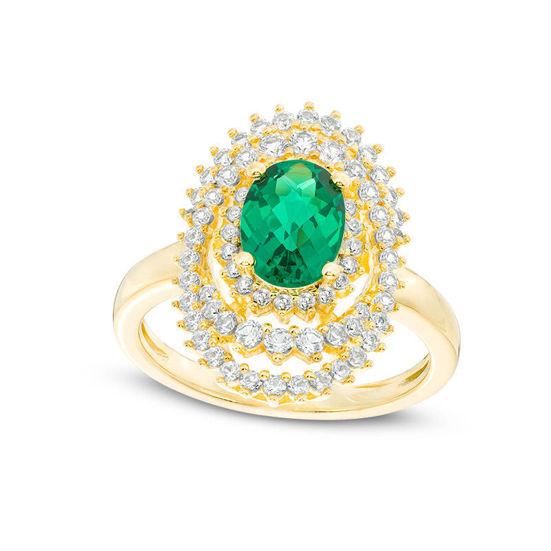 Image of ID 1 Oval Lab-Created Emerald and White Sapphire Sunburst Frame Ring in Sterling Silver with Solid 14K Gold Plate