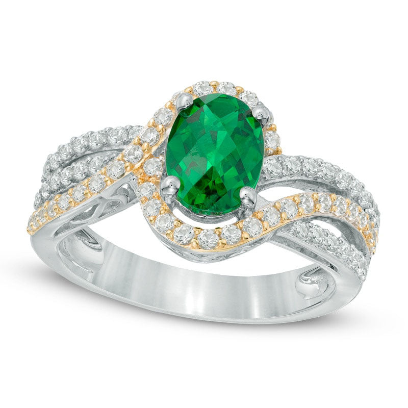 Image of ID 1 Oval Lab-Created Emerald and White Sapphire Swirl Engagement Ring in Two-Tone Sterling Silver