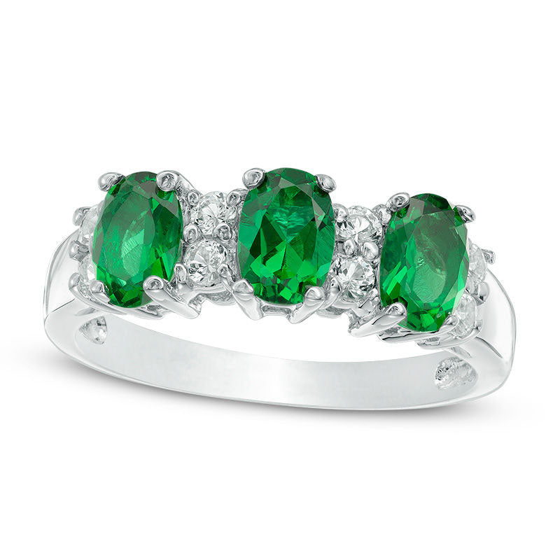 Image of ID 1 Oval Lab-Created Emerald and White Sapphire Three Stone Ring in Solid 10K White Gold