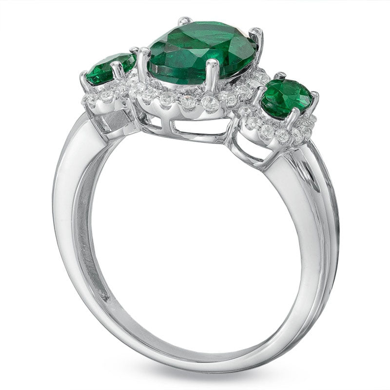 Image of ID 1 Oval Lab-Created Emerald and White Sapphire Three Stone Ring in Sterling Silver