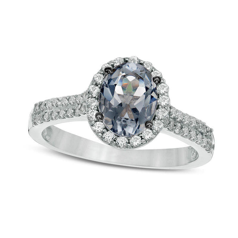 Image of ID 1 Oval Lab-Created Grey Spinel and White Sapphire Frame Double Row Ring in Sterling Silver
