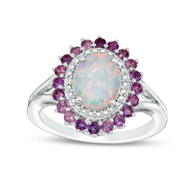 Image of ID 1 Oval Lab-Created Opal Amethyst and White Sapphire Flower Frame Ring in Sterling Silver
