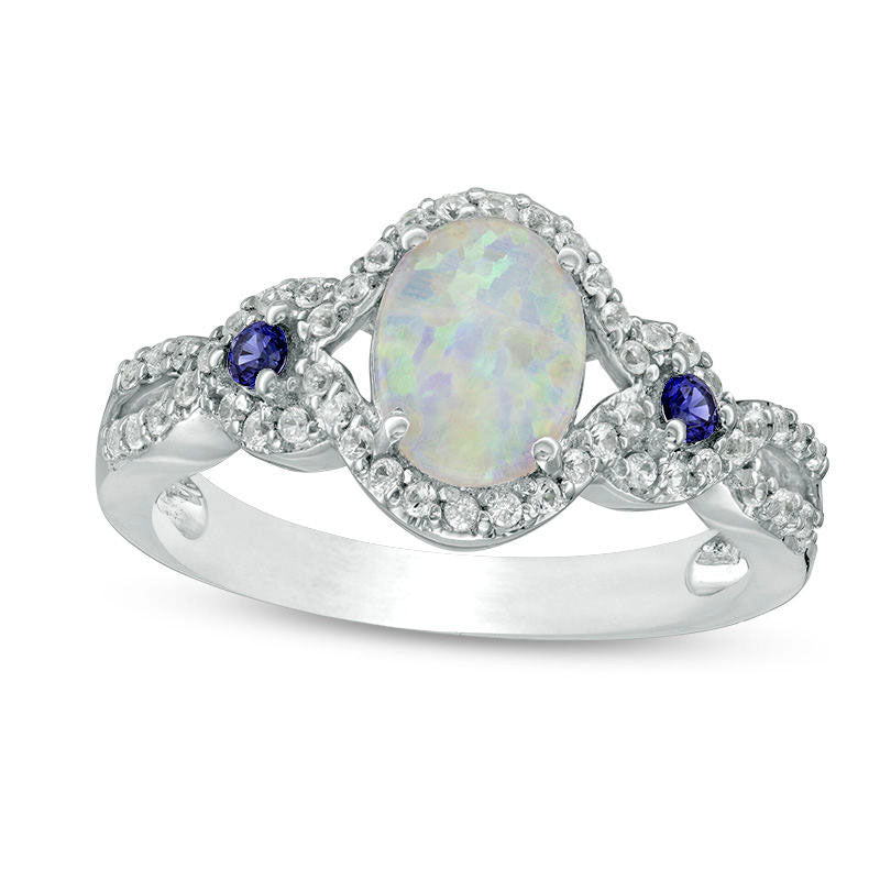 Image of ID 1 Oval Lab-Created Opal Blue and White Sapphire Open Frame Twist Shank Ring in Sterling Silver