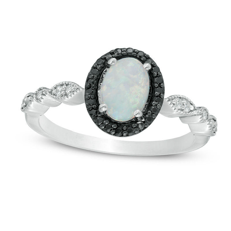 Image of ID 1 Oval Lab-Created Opal and 013 CT TW Enhanced Black and White Diamond Frame Ring in Sterling Silver