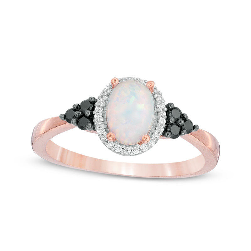 Image of ID 1 Oval Lab-Created Opal and 017 CT TW Enhanced Black and White Diamond Frame Tri-Sides Ring in Solid 10K Rose Gold