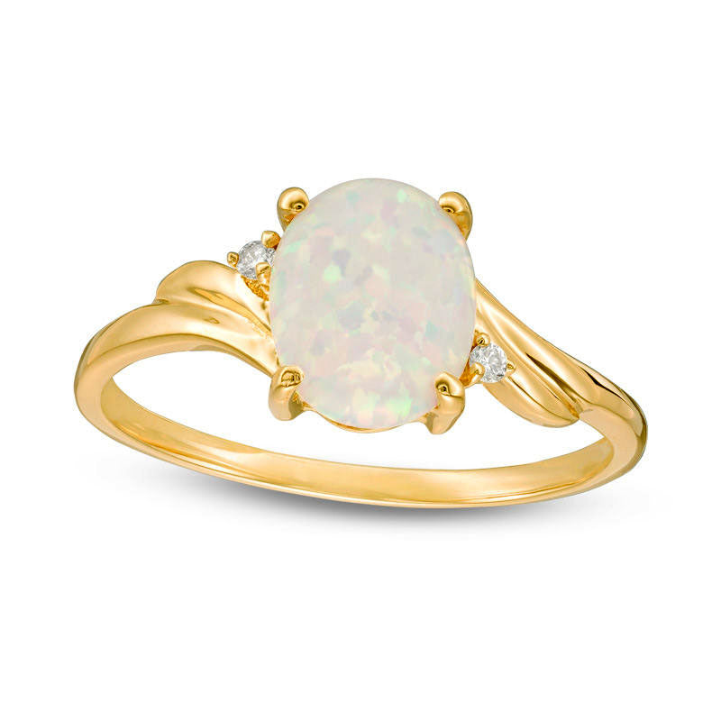 Image of ID 1 Oval Lab-Created Opal and Diamond Accent Bypass Swirl Shank Ring in Solid 10K Yellow Gold