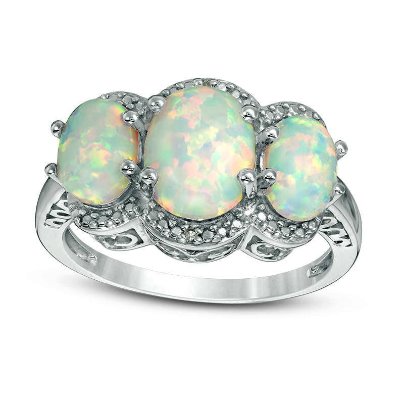 Image of ID 1 Oval Lab-Created Opal and Diamond Accent Three Stone Frame Ring in Sterling Silver