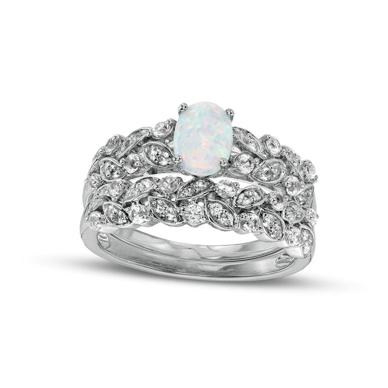 Image of ID 1 Oval Lab-Created Opal and White Lab-Created Sapphire Double Row Leaf Shank Bridal Engagement Ring Set in Sterling Silver