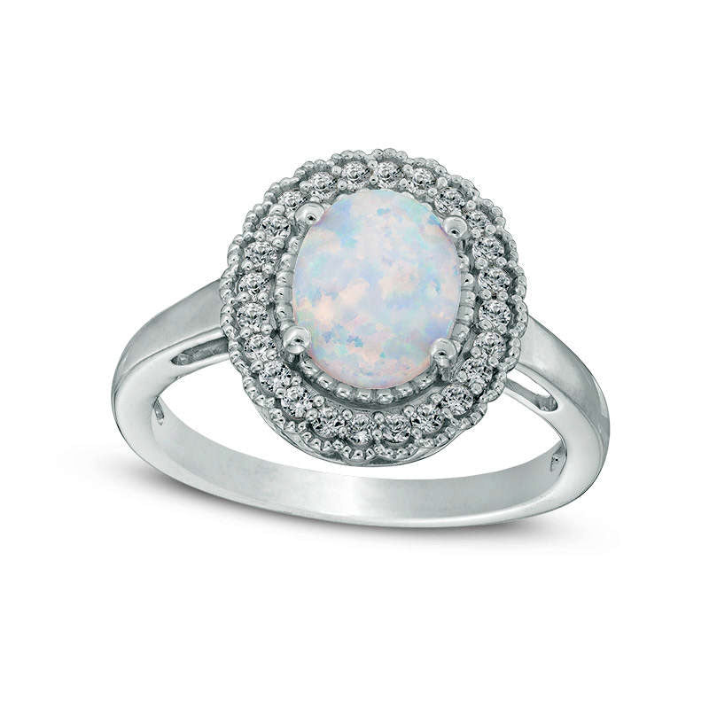 Image of ID 1 Oval Lab-Created Opal and White Sapphire Antique Vintage-Style Scalloped Frame Ring in Sterling Silver