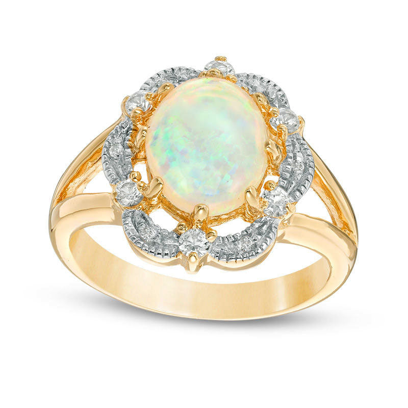 Image of ID 1 Oval Lab-Created Opal and White Sapphire Antique Vintage-Style Split Shank Ring in Sterling Silver with Solid 18K Gold Plate