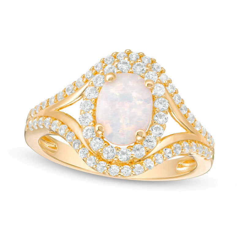 Image of ID 1 Oval Lab-Created Opal and White Sapphire Frame Open Shank Ring in Sterling Silver with Solid 14K Gold Plate