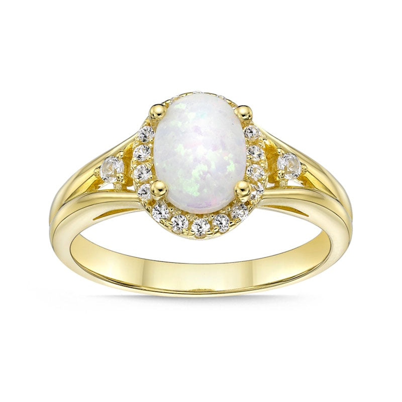 Image of ID 1 Oval Lab-Created Opal and White Sapphire Frame Side Accent Split Shank Ring in Sterling Silver with Solid 18K Gold Plate