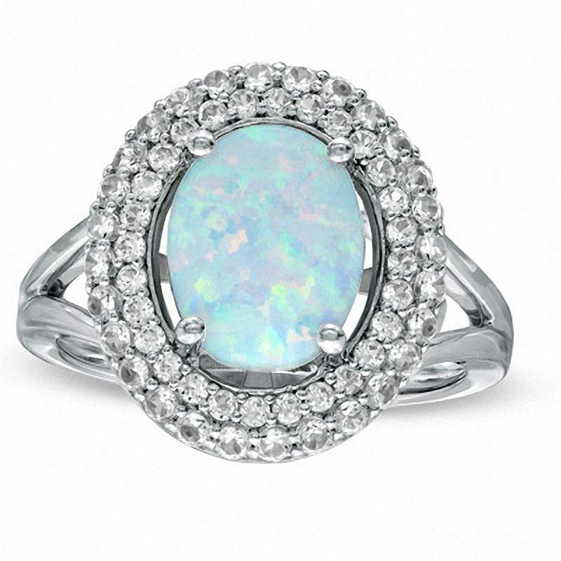 Image of ID 1 Oval Lab-Created Opal and White Sapphire Ring in Sterling Silver