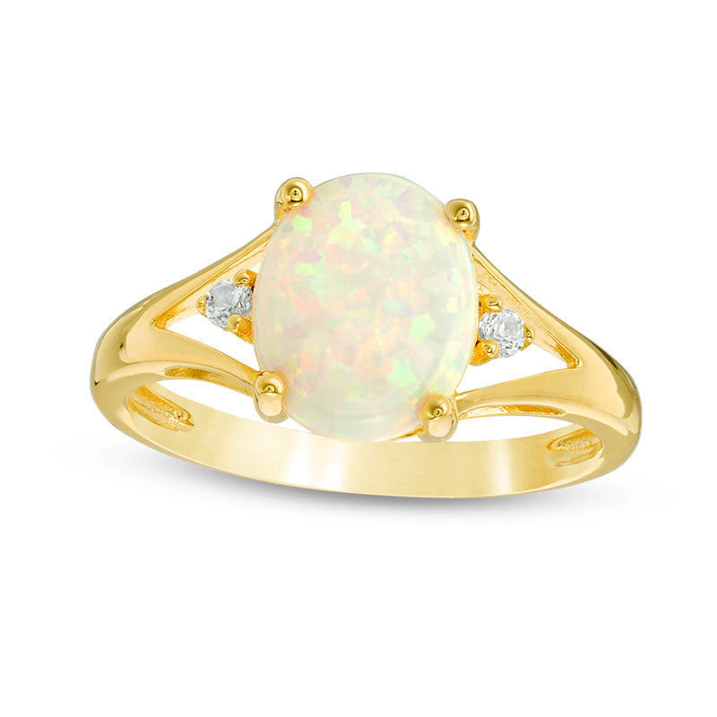 Image of ID 1 Oval Lab-Created Opal and White Sapphire Split Shank Ring in Sterling Silver with Solid 14K Gold Plate