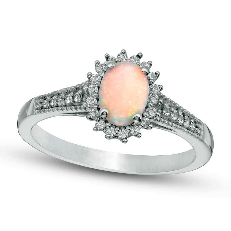 Image of ID 1 Oval Lab-Created Opal and White Sapphire Starburst Frame Antique Vintage-Style Ring in Sterling Silver