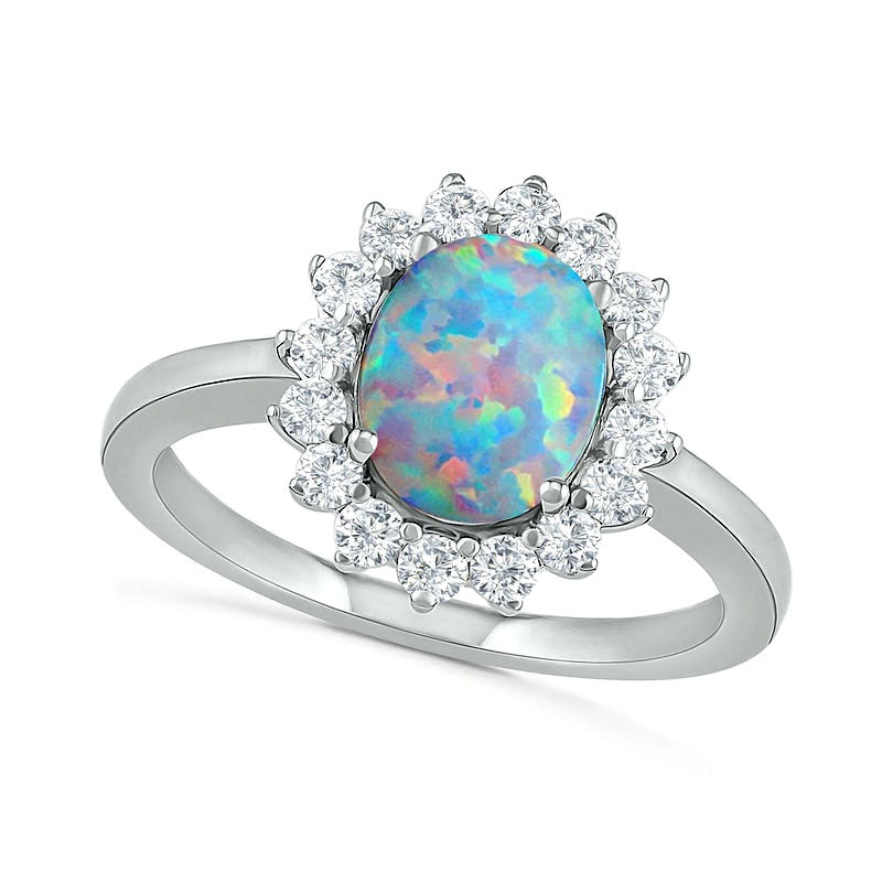 Image of ID 1 Oval Lab-Created Opal and White Sapphire Starburst Frame Ring in Sterling Silver