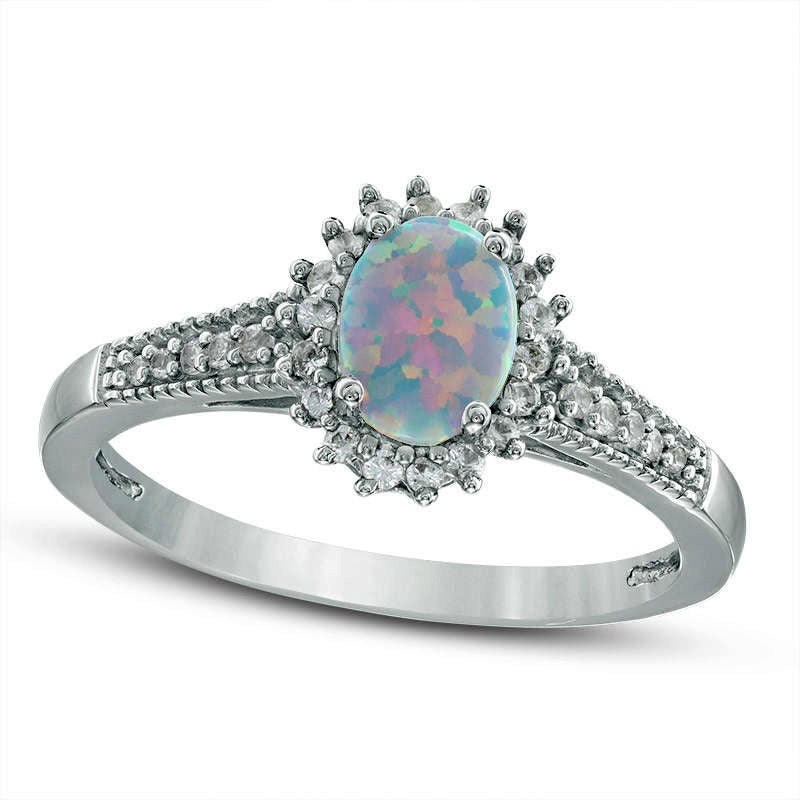 Image of ID 1 Oval Lab-Created Opal and White Sapphire Starburst Ring in Sterling Silver