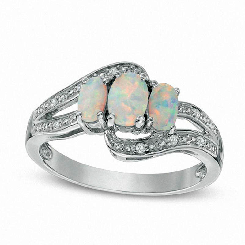 Image of ID 1 Oval Lab-Created Opal and White Sapphire Three Stone Bypass Ring in Sterling Silver