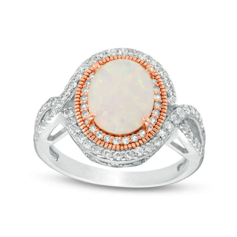 Image of ID 1 Oval Lab-Created Opal and White Topaz Antique Vintage-Style Twist Shank Ring in Sterling Silver and Solid 18K Rose Gold Plate