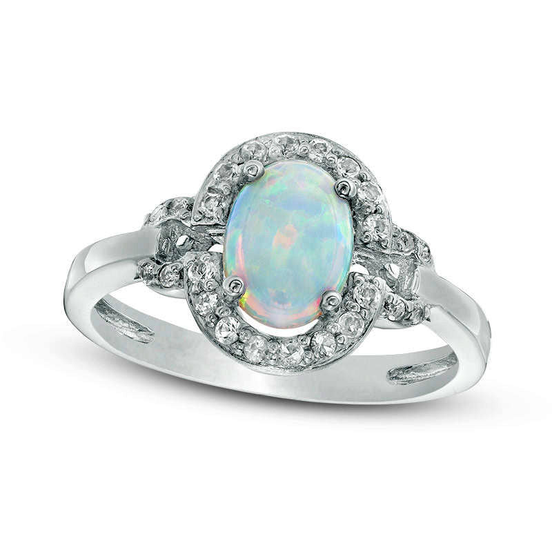 Image of ID 1 Oval Lab-Created Opal and White Topaz Frame Ring in Sterling Silver