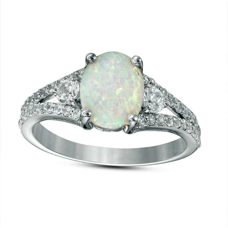 Image of ID 1 Oval Lab-Created Opal and White Topaz Split Shank Ring in Sterling Silver