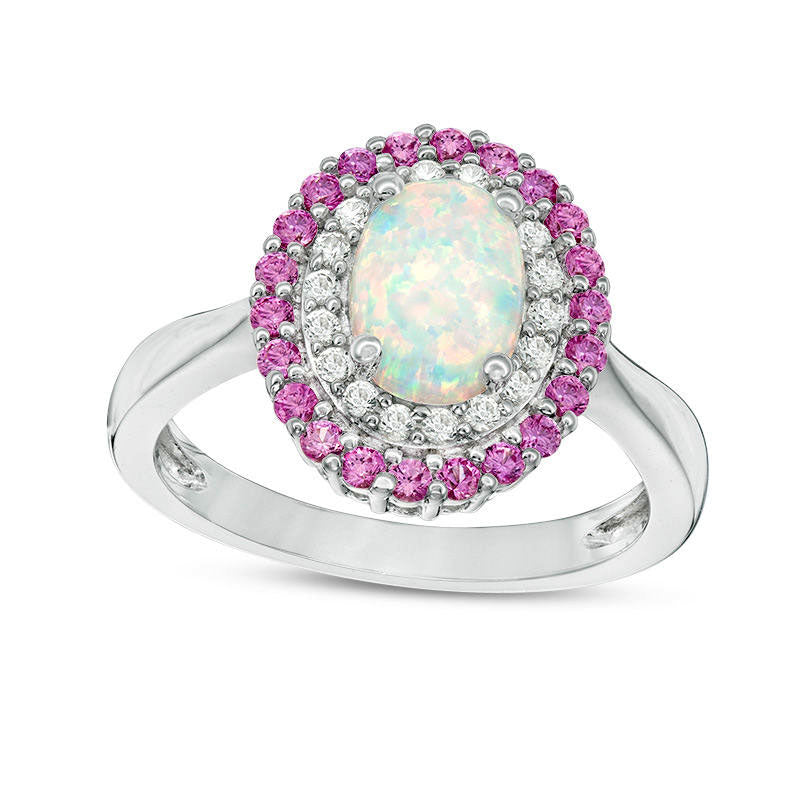 Image of ID 1 Oval Lab-Created Opal with Pink and White Sapphire Double Frame Ring in Sterling Silver - Size 7