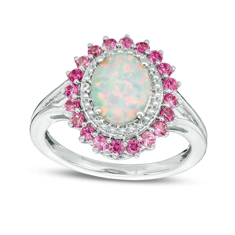 Image of ID 1 Oval Lab-Created Opal with Pink and White Sapphire Flower Frame Ring in Sterling Silver