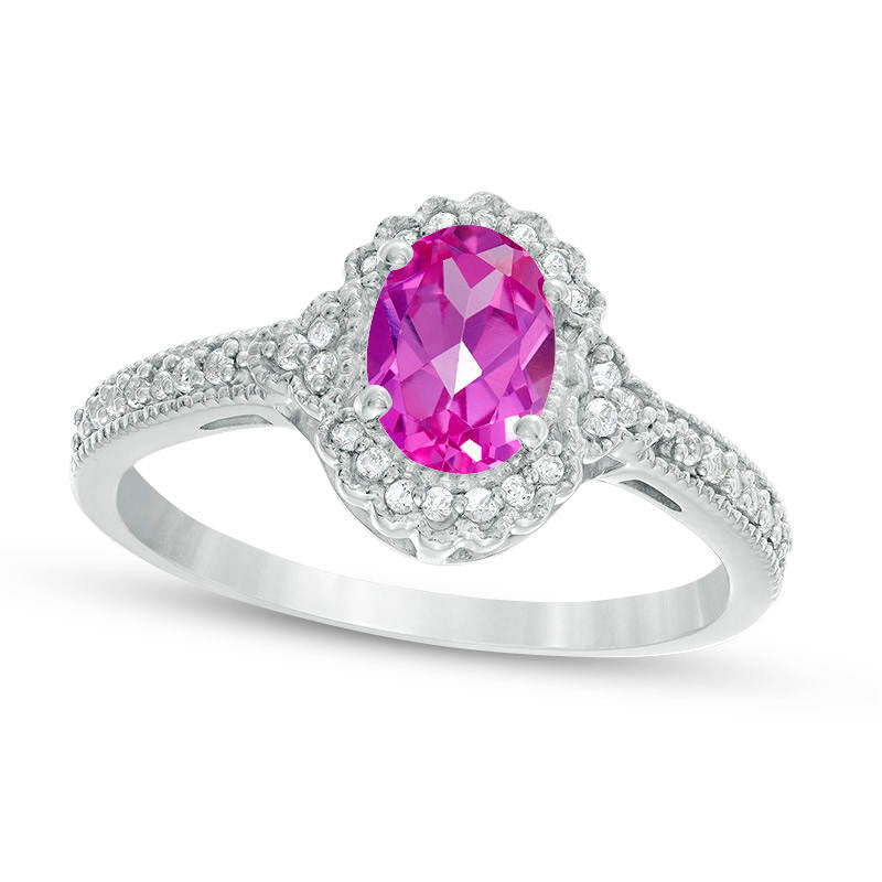 Image of ID 1 Oval Lab-Created Pink Sapphire and 013 CT TW Diamond Frame Antique Vintage-Style Ring in Solid 10K White Gold