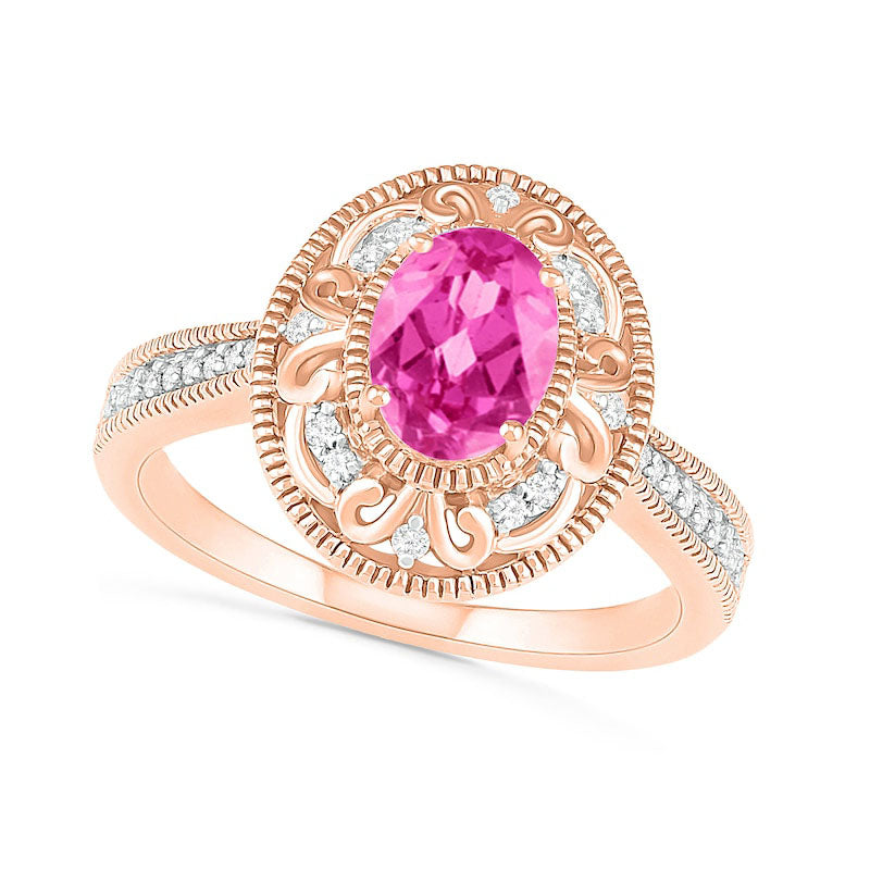 Image of ID 1 Oval Lab-Created Pink Sapphire and 013 CT TW Diamond Scroll Frame Tapered Shank Antique Vintage-Style Ring in Solid 10K Rose Gold