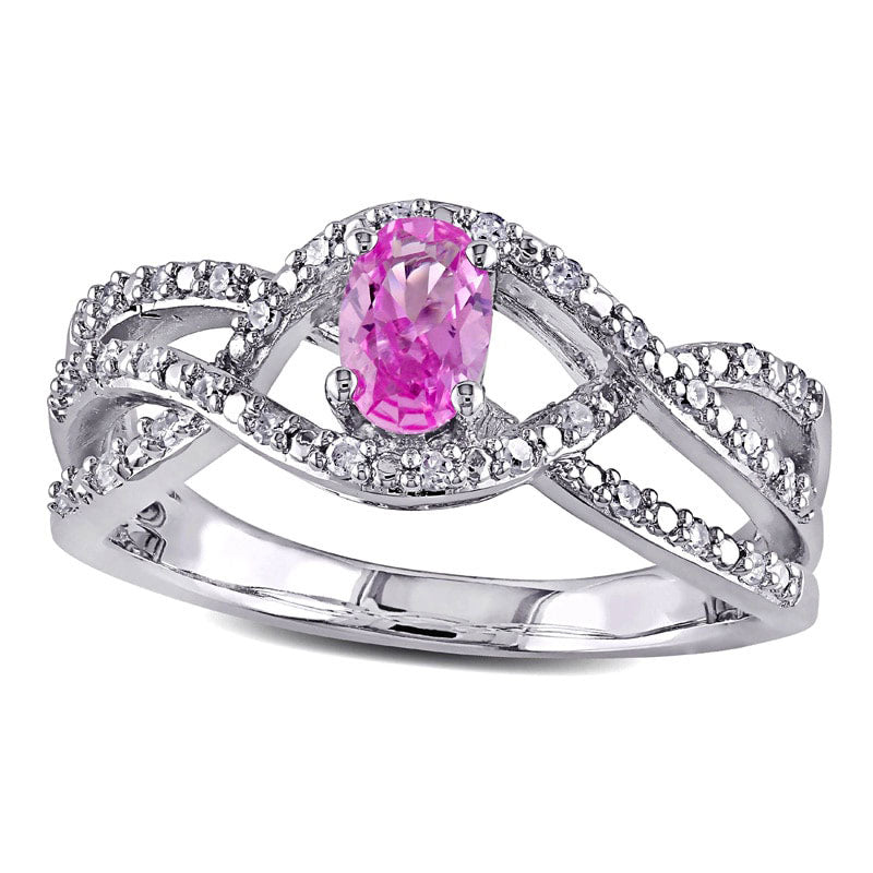 Image of ID 1 Oval Lab-Created Pink Sapphire and 017 CT TW Diamond Split-Shank Ring in Sterling Silver