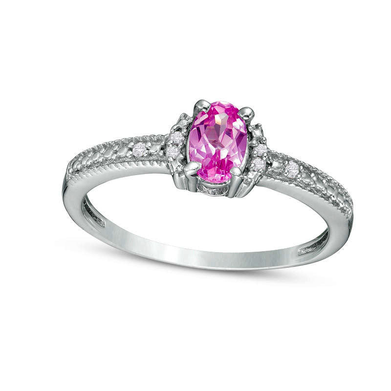 Image of ID 1 Oval Lab-Created Pink Sapphire and Diamond Accent Collar Antique Vintage-Style Ring in Sterling Silver