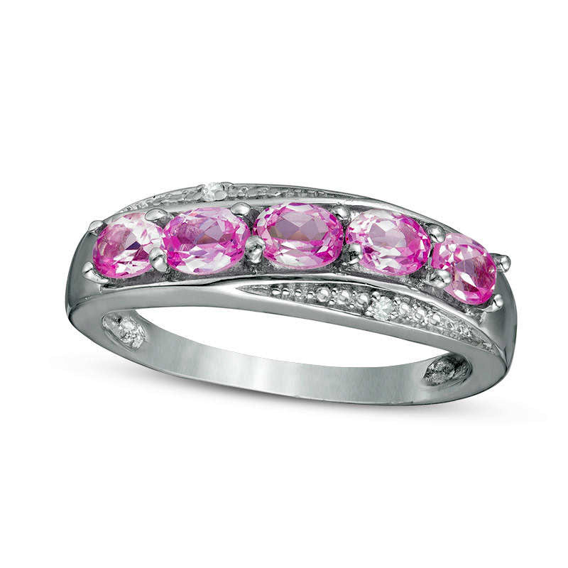 Image of ID 1 Oval Lab-Created Pink Sapphire and Diamond Accent Five Stone Wave Band in Sterling Silver