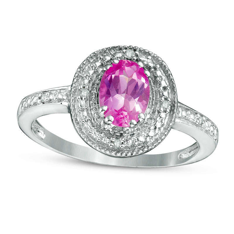 Image of ID 1 Oval Lab-Created Pink Sapphire and Diamond Accent Frame Antique Vintage-Style Ring in Sterling Silver