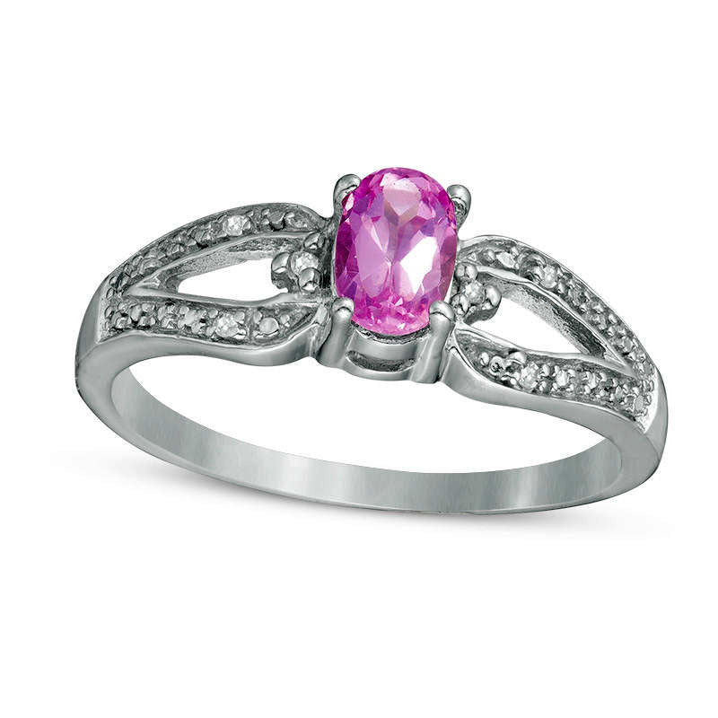 Image of ID 1 Oval Lab-Created Pink Sapphire and Diamond Accent Split Shank Ring in Sterling Silver