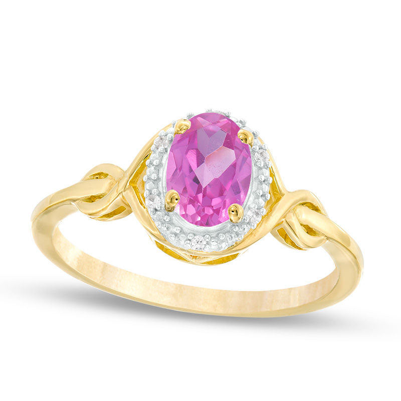 Image of ID 1 Oval Lab-Created Pink Sapphire and Diamond Accent Twist Ring in Solid 10K Yellow Gold