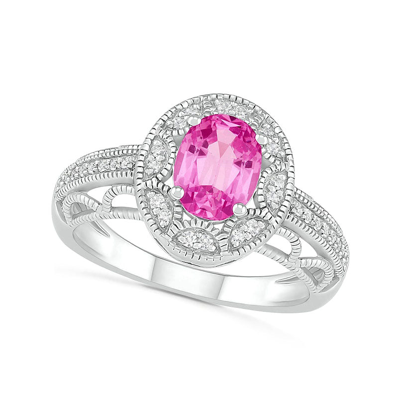 Image of ID 1 Oval Lab-Created Pink and White Sapphire Frame Scallop Border Shank Antique Vintage-Style Ring in Sterling Silver