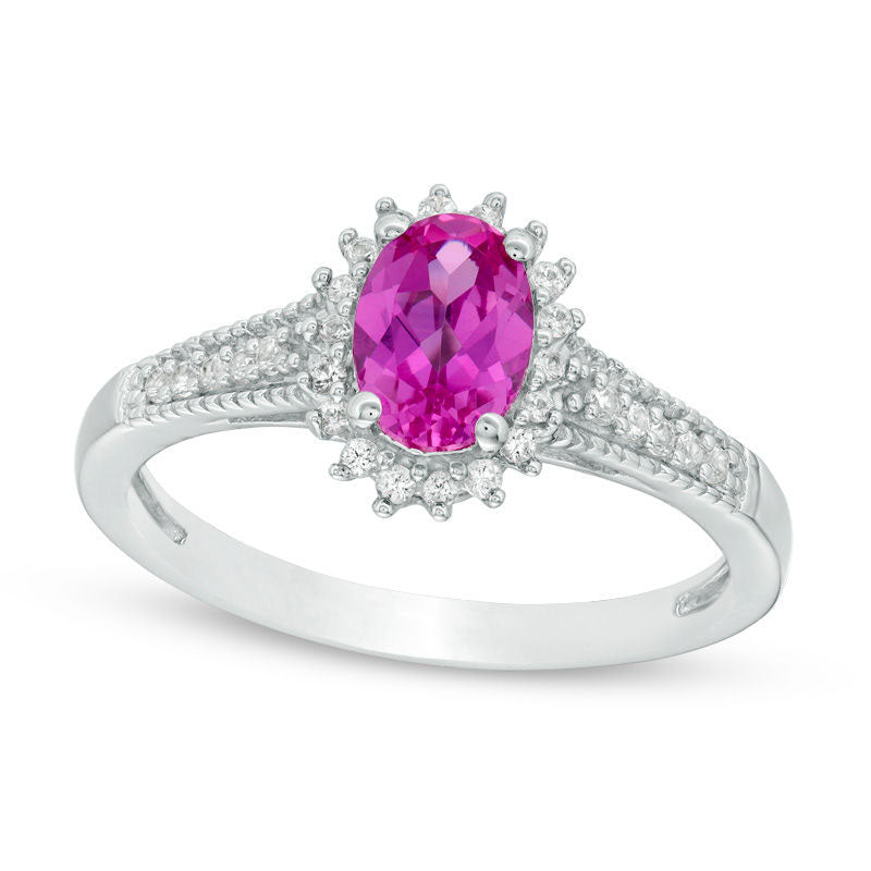 Image of ID 1 Oval Lab-Created Pink and White Sapphire Starburst Frame Antique Vintage-Style Ring in Sterling Silver