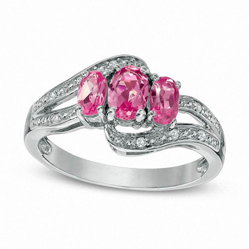 Image of ID 1 Oval Lab-Created Pink and White Sapphire Three Stone Bypass Ring in Sterling Silver